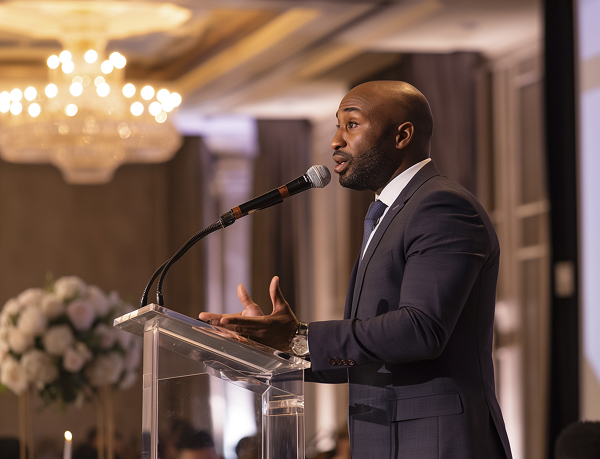 A man in a suit speaks at a podium with a microphone during an indoor formal event, with a chandelier and flower arrangements visible in the background.