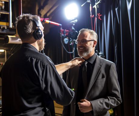 A man in a suit smiles while another person wearing headphones adjusts his tie backstage under bright stage lighting.