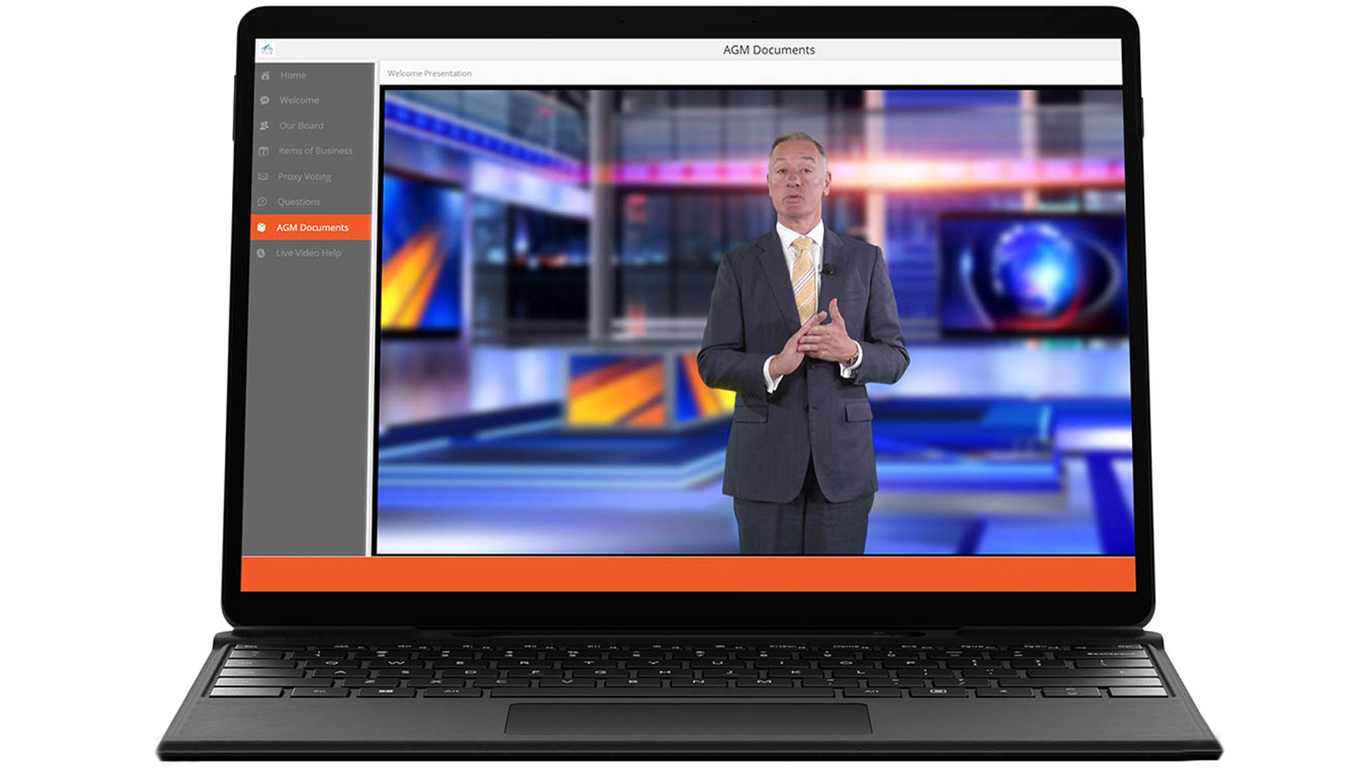 A laptop screen displays a man in a suit giving a presentation with a virtual news studio background. A sidebar menu on the left shows options, with AQI Documents highlighted.