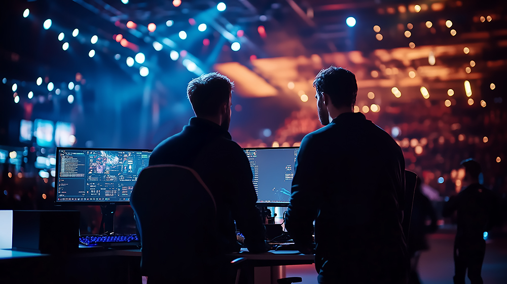 Two people sit at computer monitors with gaming content in a large, brightly lit arena filled with colorful lights and a blurred crowd, suggesting an esports or gaming event.