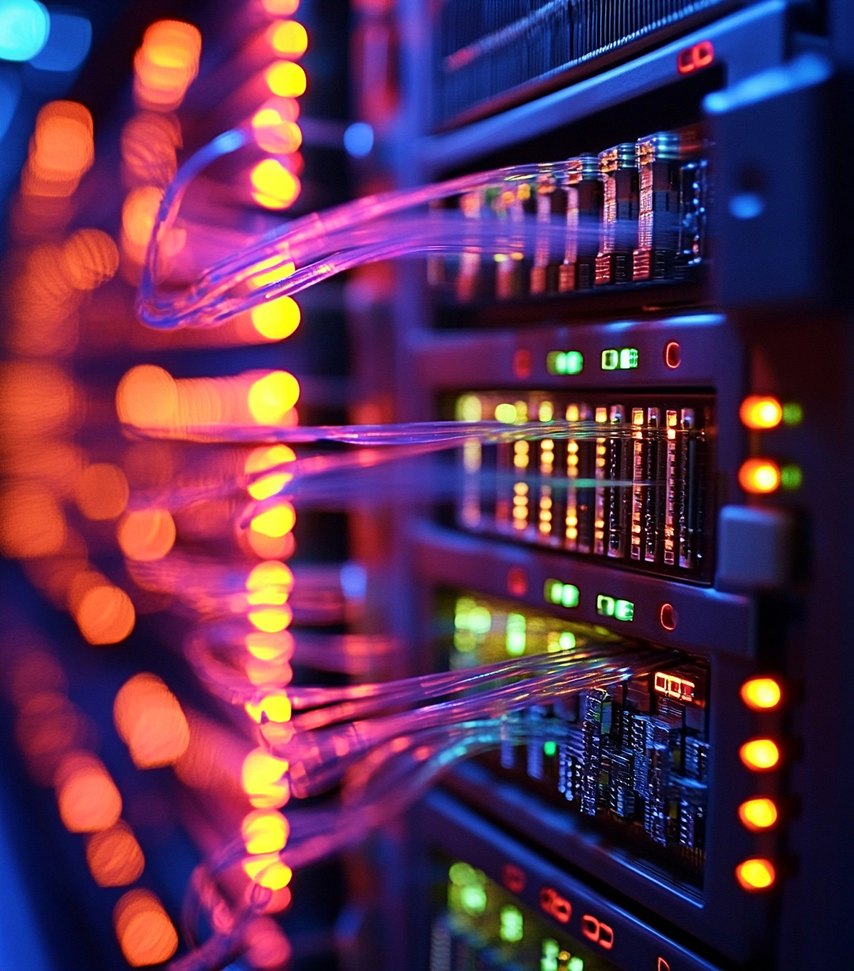A close-up of illuminated server racks in a data center, with glowing orange and blue LED lights and connected network cables, creating a high-tech, futuristic atmosphere.