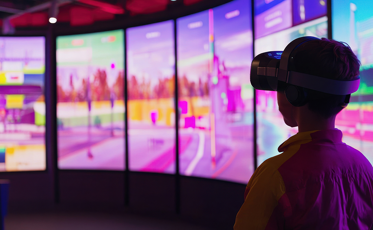 A person wearing a VR headset stands in front of large, colorful screens displaying a digital or virtual environment, suggesting an immersive or interactive experience.