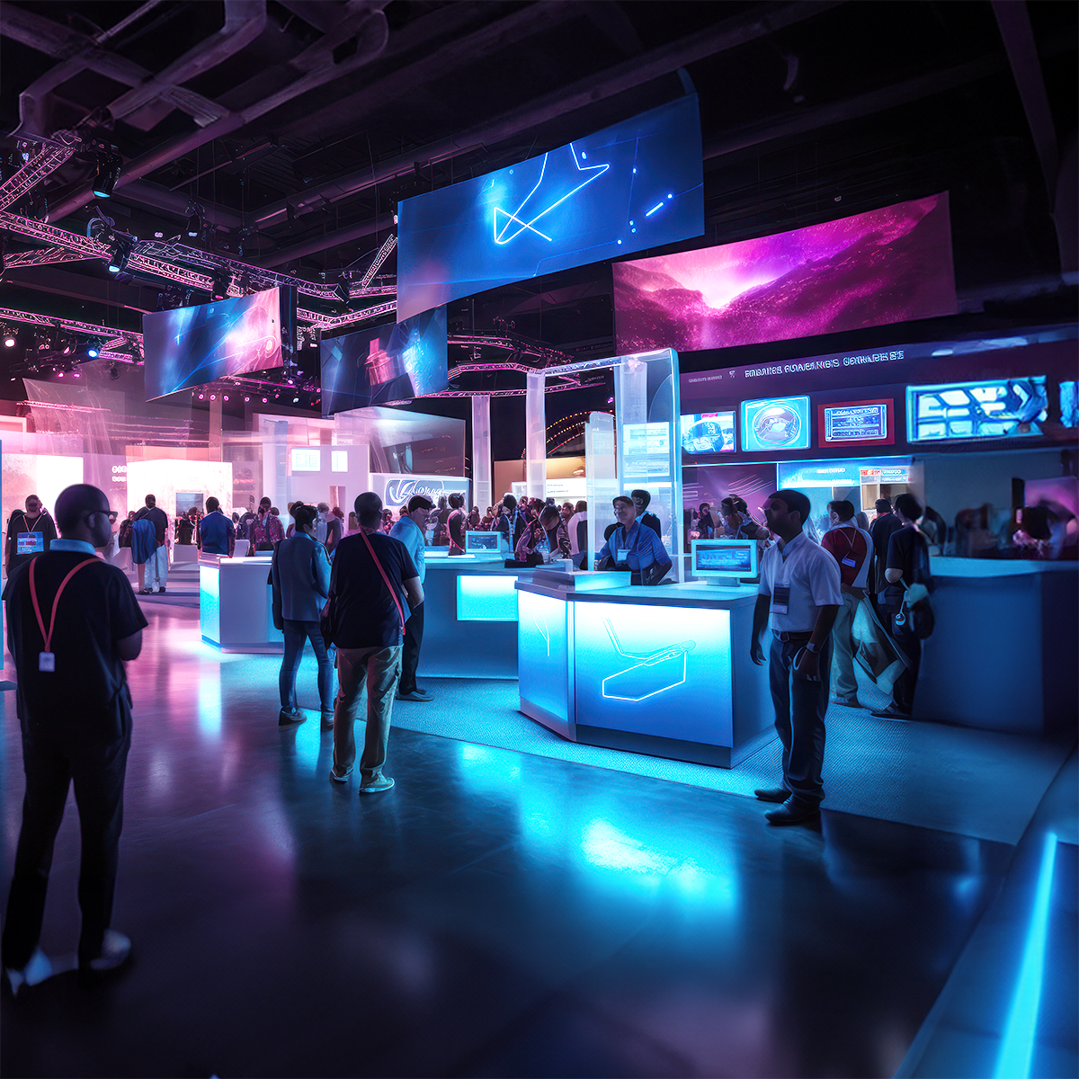 A futuristic exhibition hall with people interacting at glowing blue digital kiosks, surrounded by large screens displaying abstract graphics and technology visuals. The atmosphere is vibrant and high-tech.