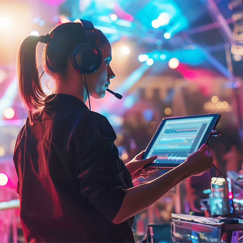 A woman wearing headphones and a headset microphone operates a tablet with audio software at a lively, colorful event, likely managing sound or music for the crowd in a vibrant, high-tech setting.