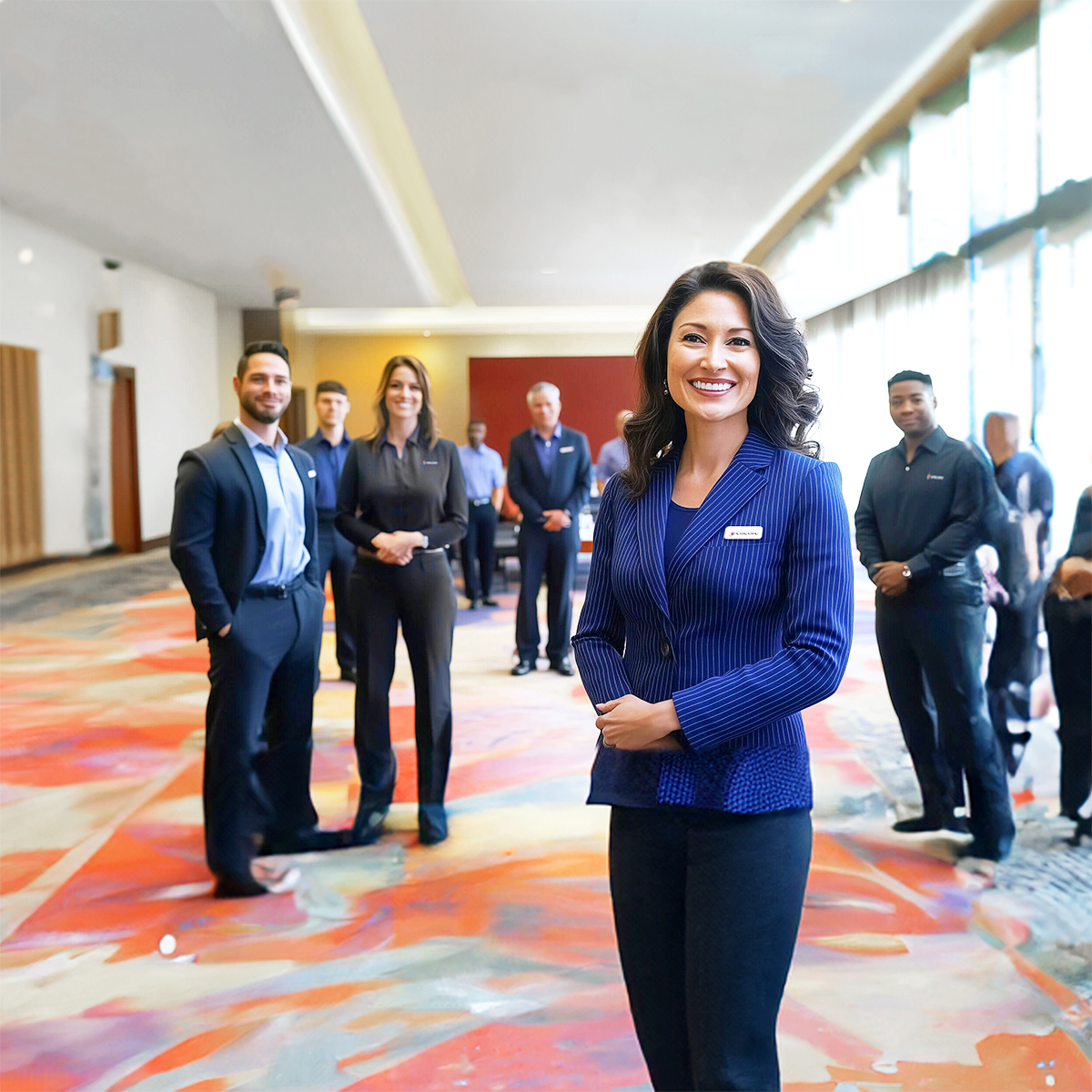 A smiling woman in a blue blazer stands in the foreground of a modern, brightly lit lobby, with a group of professionally dressed colleagues standing behind her, all looking toward the camera.