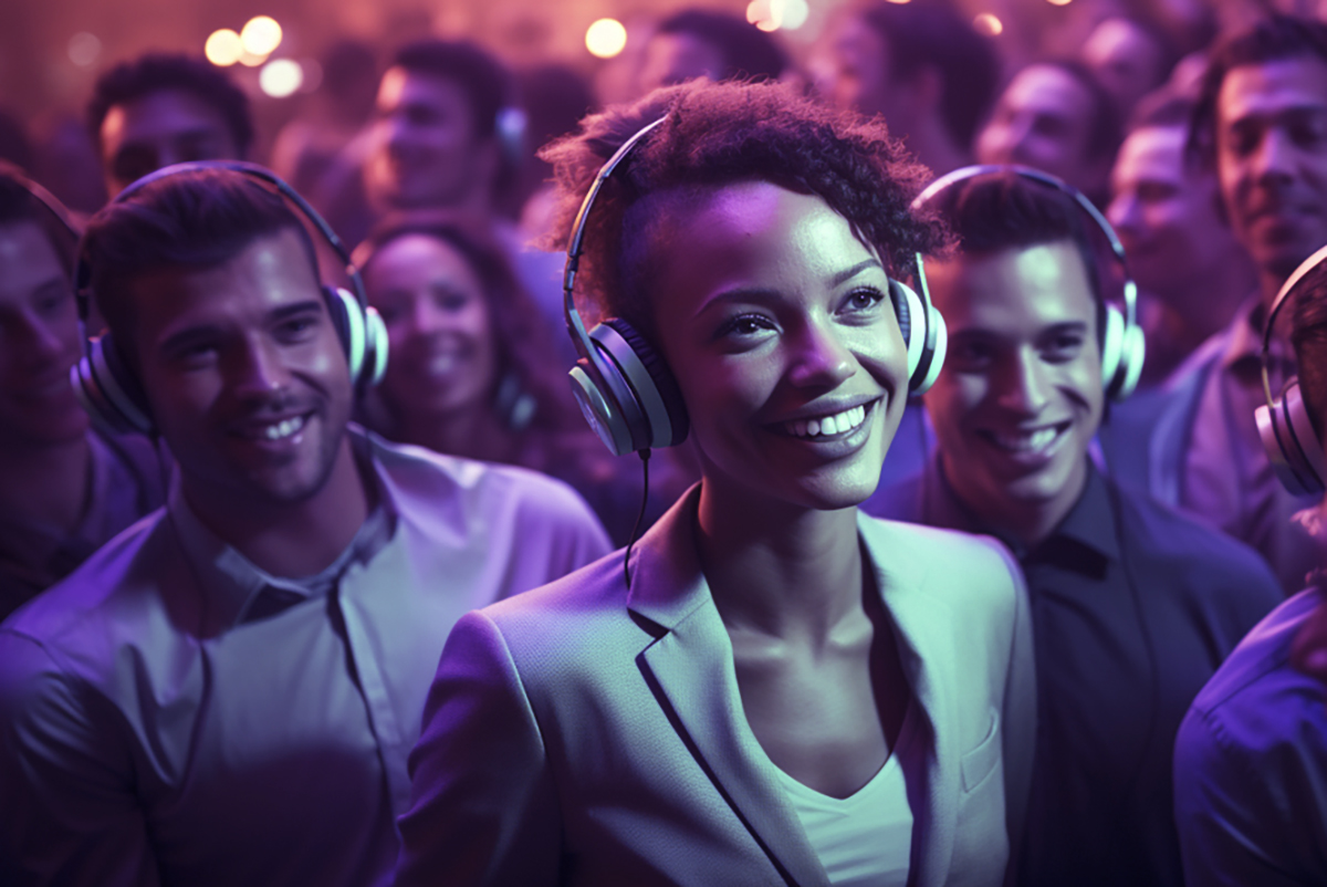 A smiling woman wearing headphones stands in a lively crowd at a party or concert, surrounded by people also wearing headphones, under colorful purple and blue lighting.