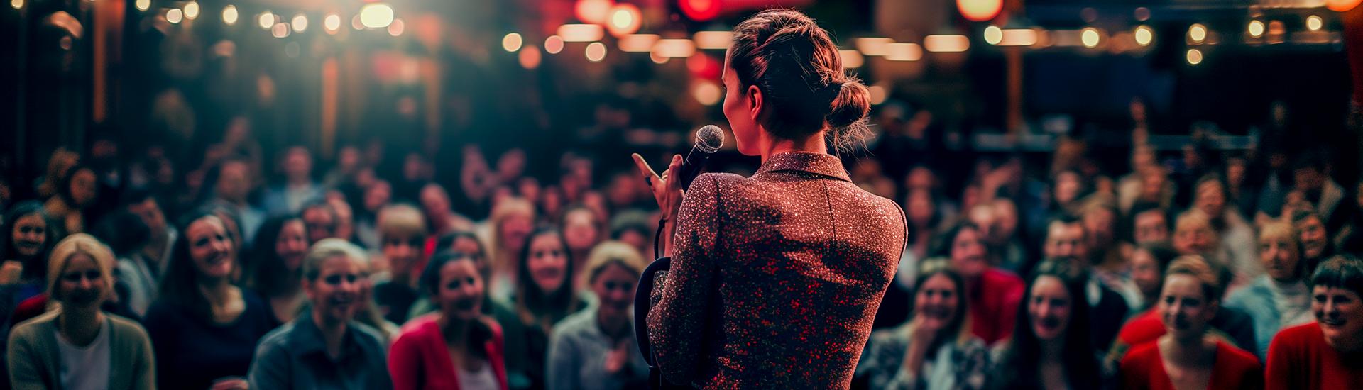 A woman stands on stage holding a microphone, speaking to a large, attentive audience seated in a warmly lit venue with hanging lights.