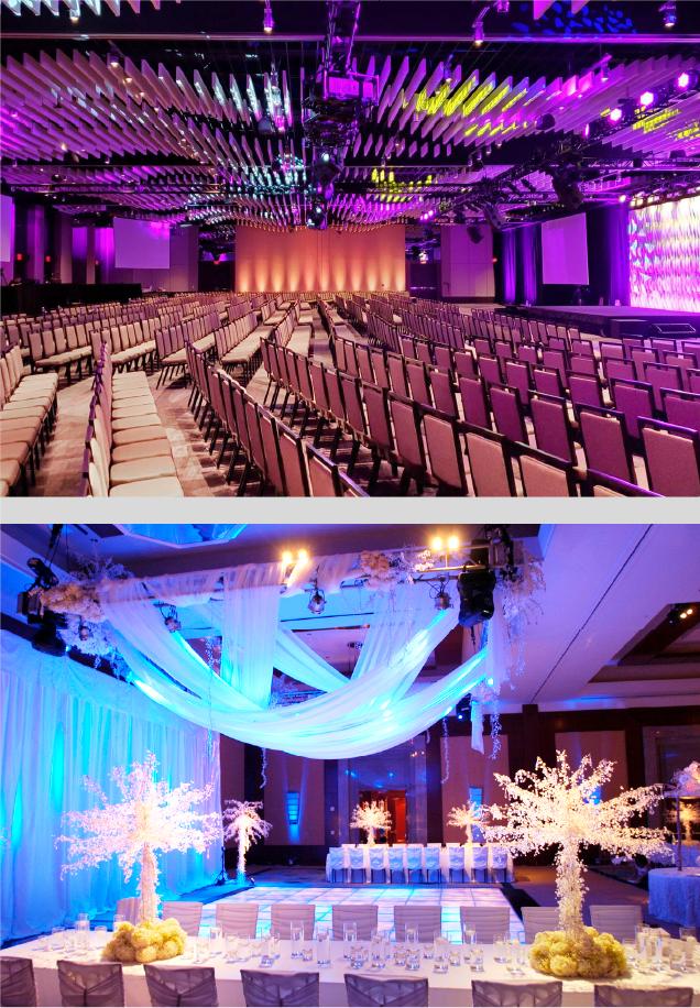 Two images: The first shows a large, modern conference hall with rows of chairs and colorful ceiling lights. The second shows an elegant banquet hall with draped fabric, decorative trees, and a long, formally set dining table.