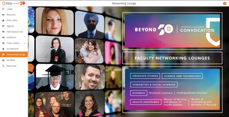 Screenshot of a virtual networking lounge interface. Left menu lists options like Lobby, Welcome, and Networking Lounge. Center shows headshots of diverse individuals. Right features convocation logo and faculty networking lounge categories.